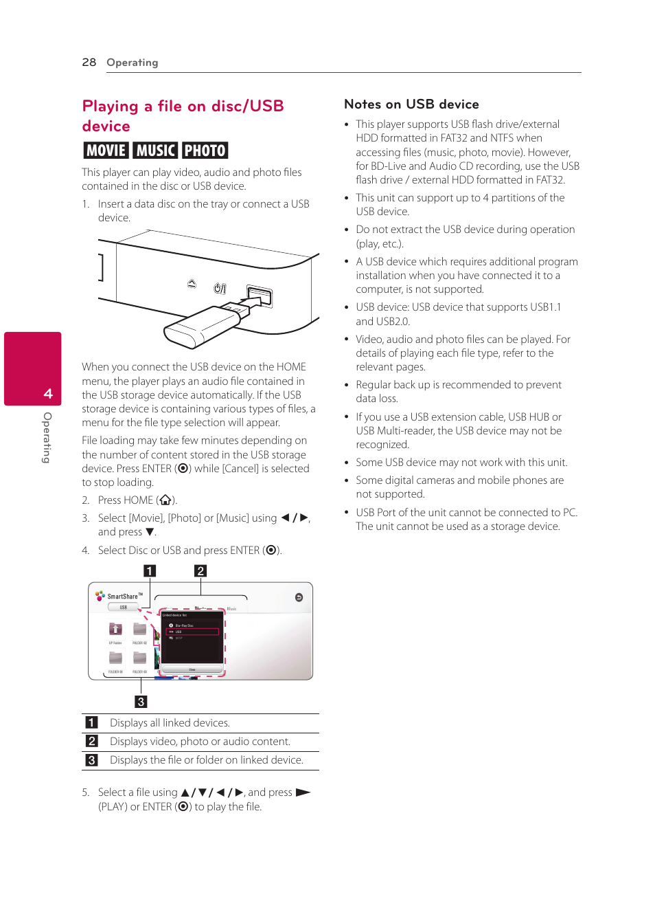 Playing a file on disc/usb device, 28 – playing a file on disc/usb device, Playing a file on disc/usb device yui | LG BPM34 User Manual | Page 28 / 62