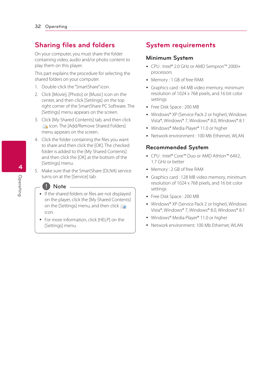 Sharing files and folders, System requirements, Minimum system | Recommended system | LG BPM34 User Manual | Page 32 / 62