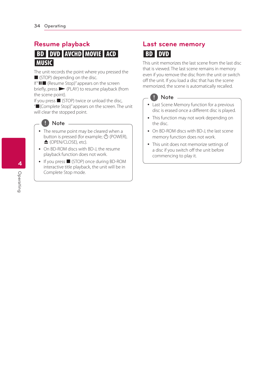 Resume playback, Last scene memory, 34 – resume playback 34 – last scene memory | Resume playback eroyt u | LG BPM34 User Manual | Page 34 / 62