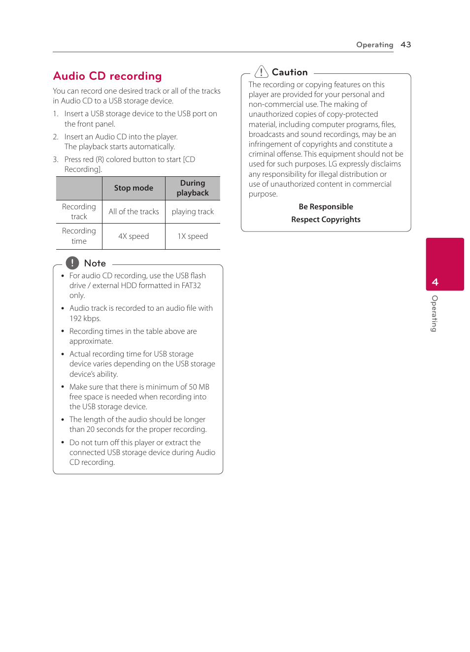 Audio cd recording, 43 – audio cd recording | LG BPM34 User Manual | Page 43 / 62