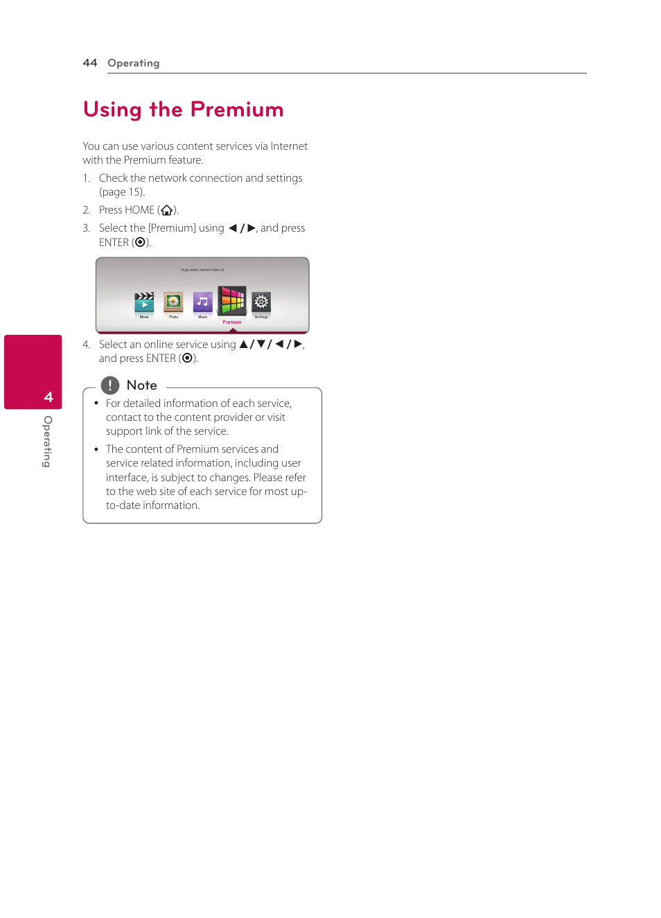 Using the premium, 44 using the premium | LG BPM34 User Manual | Page 44 / 62