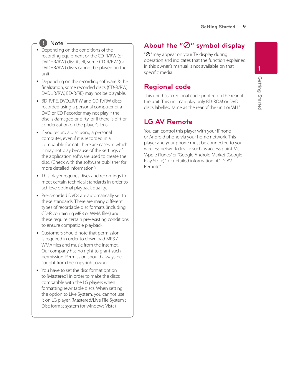 About the “7” symbol display, Regional code, Lg av remote | About the, 7” symbol display, About the “ 7 ” symbol display | LG BPM34 User Manual | Page 9 / 62