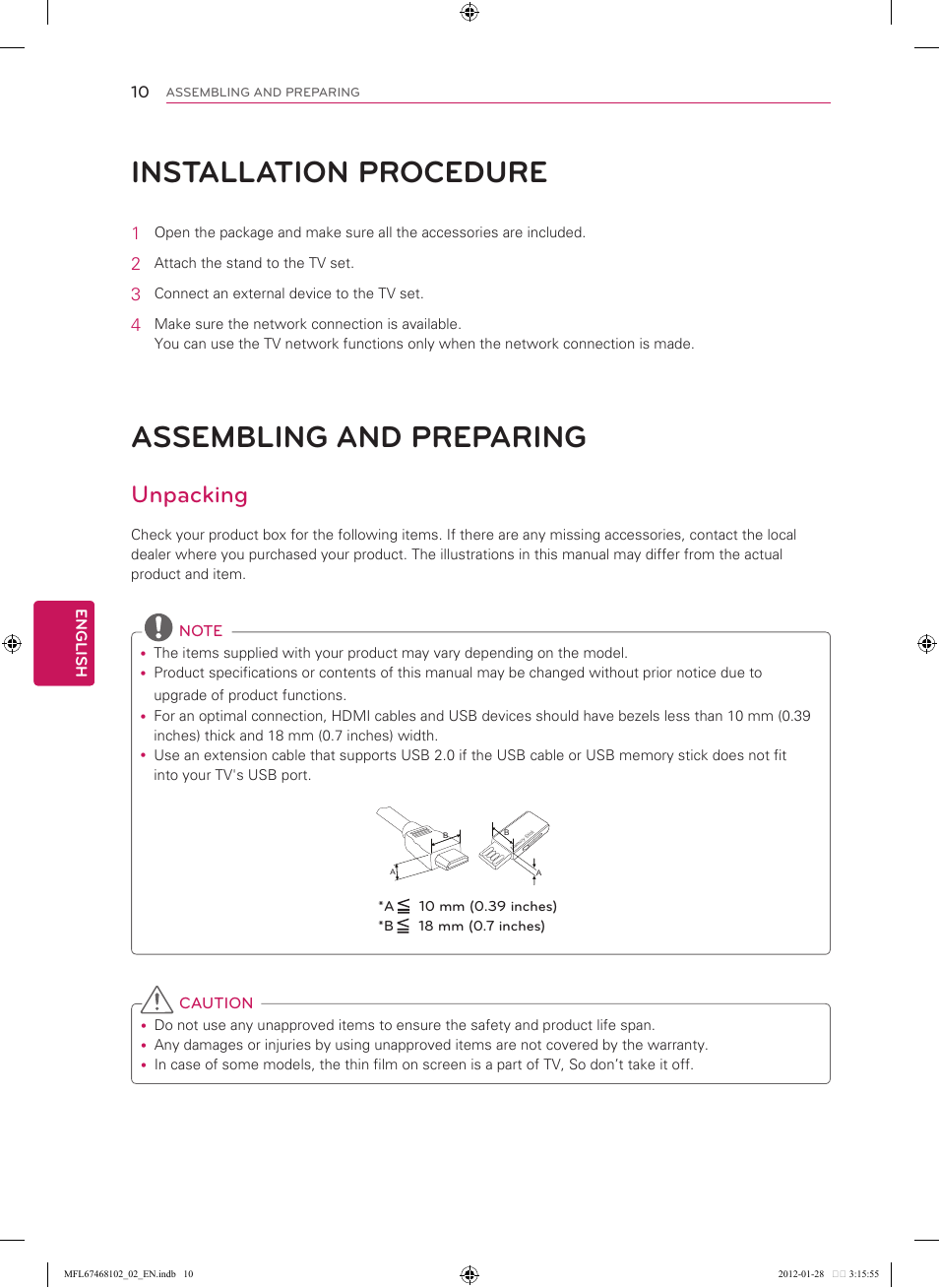 10 installation procedure, 10 assembling and preparing, Unpacking | Assembling and preparing, Installation procedure | LG 55LS5700 User Manual | Page 10 / 40