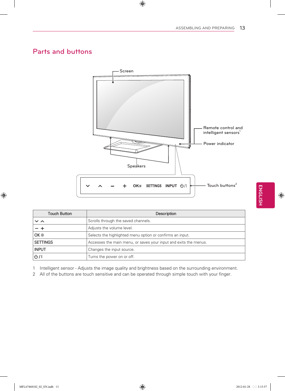 Parts and buttons | LG 55LS5700 User Manual | Page 13 / 40