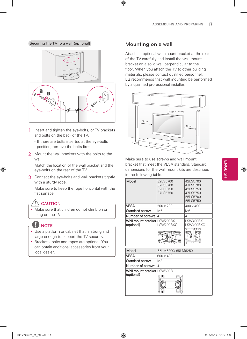 Mounting on a wall | LG 55LS5700 User Manual | Page 17 / 40