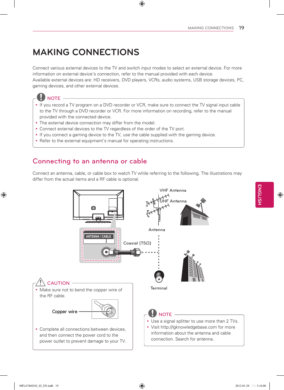 19 making connections, Connecting to an antenna or cable, Making connections | LG 55LS5700 User Manual | Page 19 / 40
