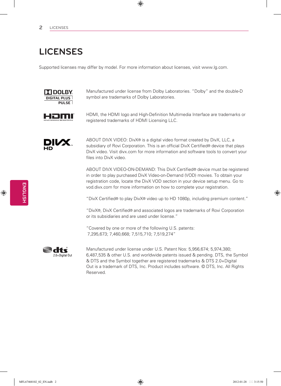 Licenses | LG 55LS5700 User Manual | Page 2 / 40