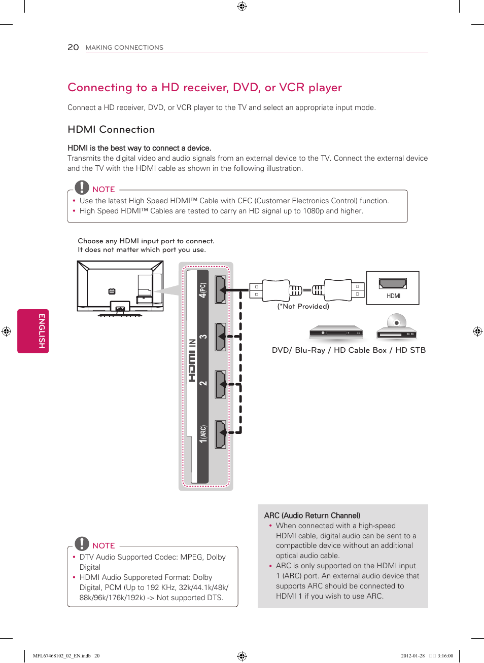 Connecting to a hd receiver, dvd, or vcr player, Hdmi connection | LG 55LS5700 User Manual | Page 20 / 40