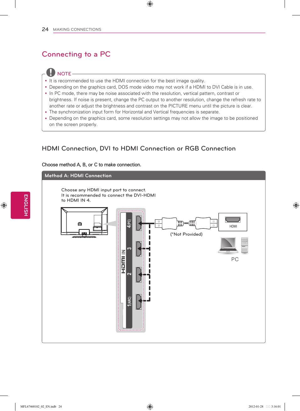 Connecting to a pc, Hdmi connection, dvi to hdmi connec, Tion or rgb connection | LG 55LS5700 User Manual | Page 24 / 40