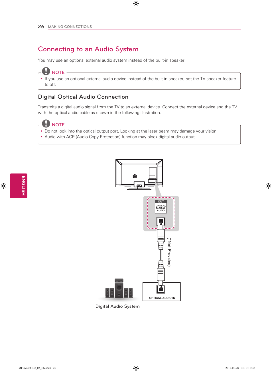 Connecting to an audio system, Digital optical audio connection | LG 55LS5700 User Manual | Page 26 / 40