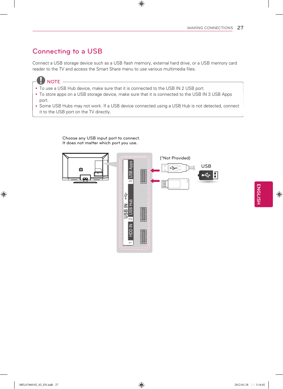 Connecting to a usb, Connecting to an audio system, Digital optical audio connection | LG 55LS5700 User Manual | Page 27 / 40