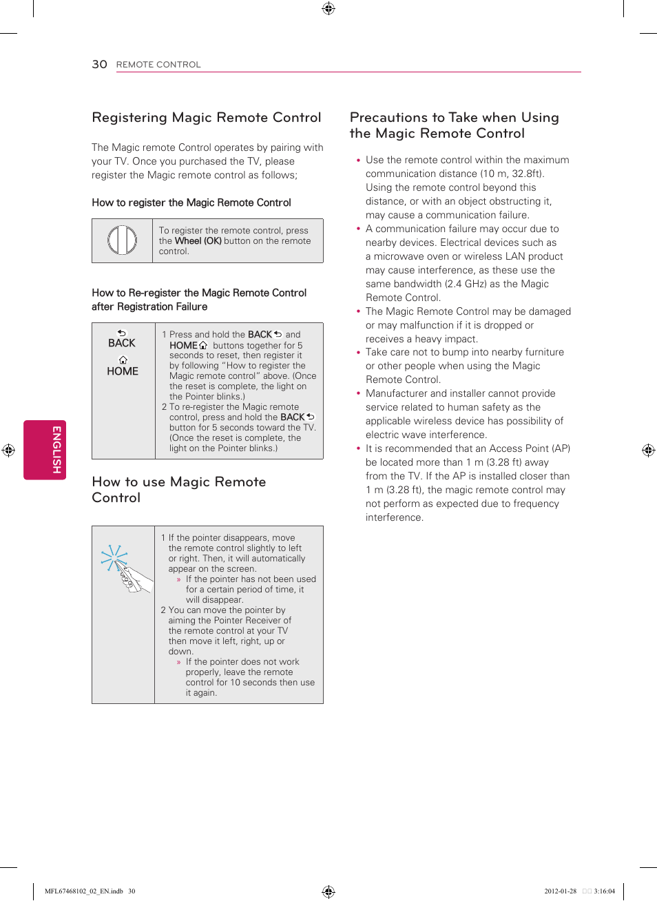 Registering magic remote control, How to use magic remote control, Precautions to take when using the | Magic remote control, English | LG 55LS5700 User Manual | Page 30 / 40