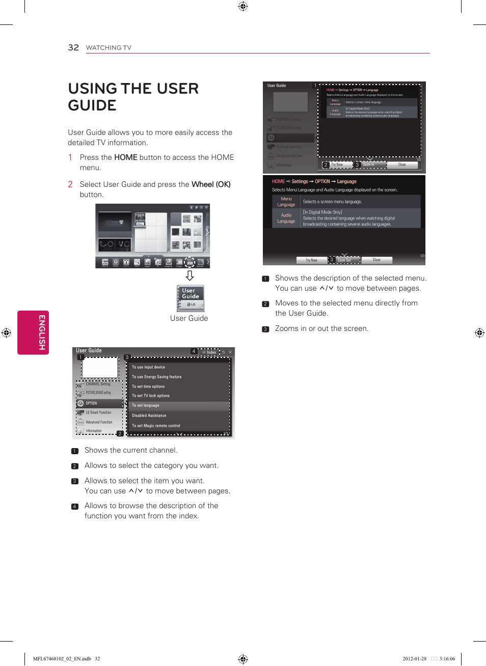 32 using the user guide, Using the user guide, English | Press the home button to access the home menu, Select user guide and press the wheel (ok) button, User guide, Shows the current channel, Allows to select the category you want, Zooms in or out the screen | LG 55LS5700 User Manual | Page 32 / 40