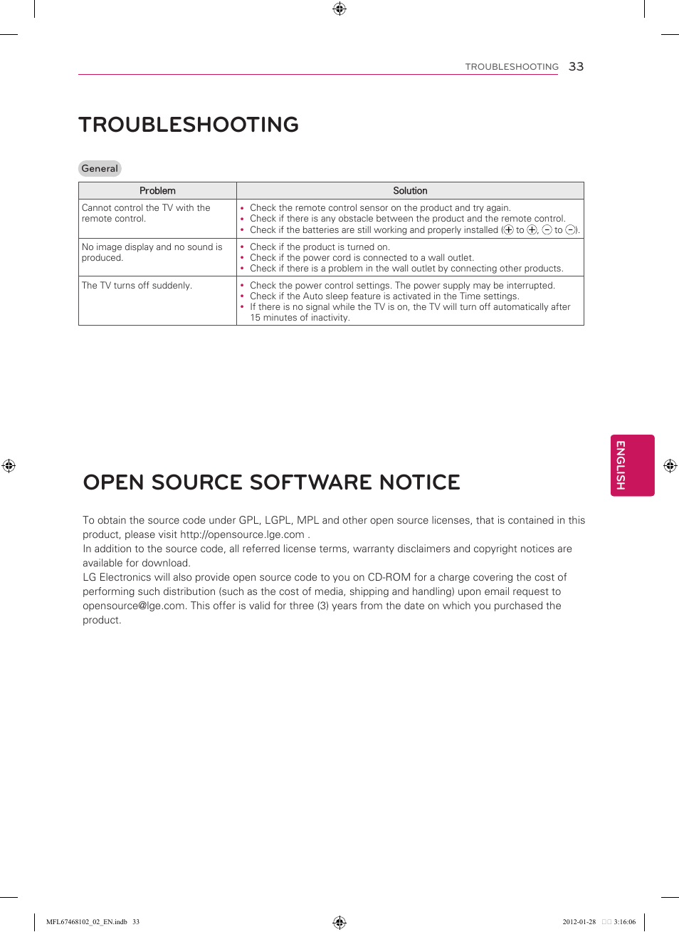33 troubleshooting, 33 open source software notice, Troubleshooting | Open source software notice | LG 55LS5700 User Manual | Page 33 / 40