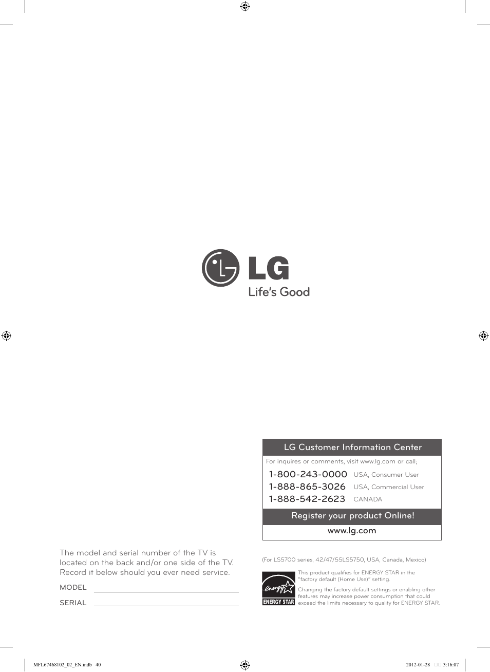 LG 55LS5700 User Manual | Page 40 / 40