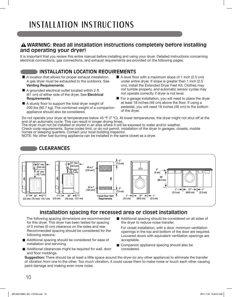 Clearances, Installation location requirements | LG DLG2351W User Manual | Page 10 / 92