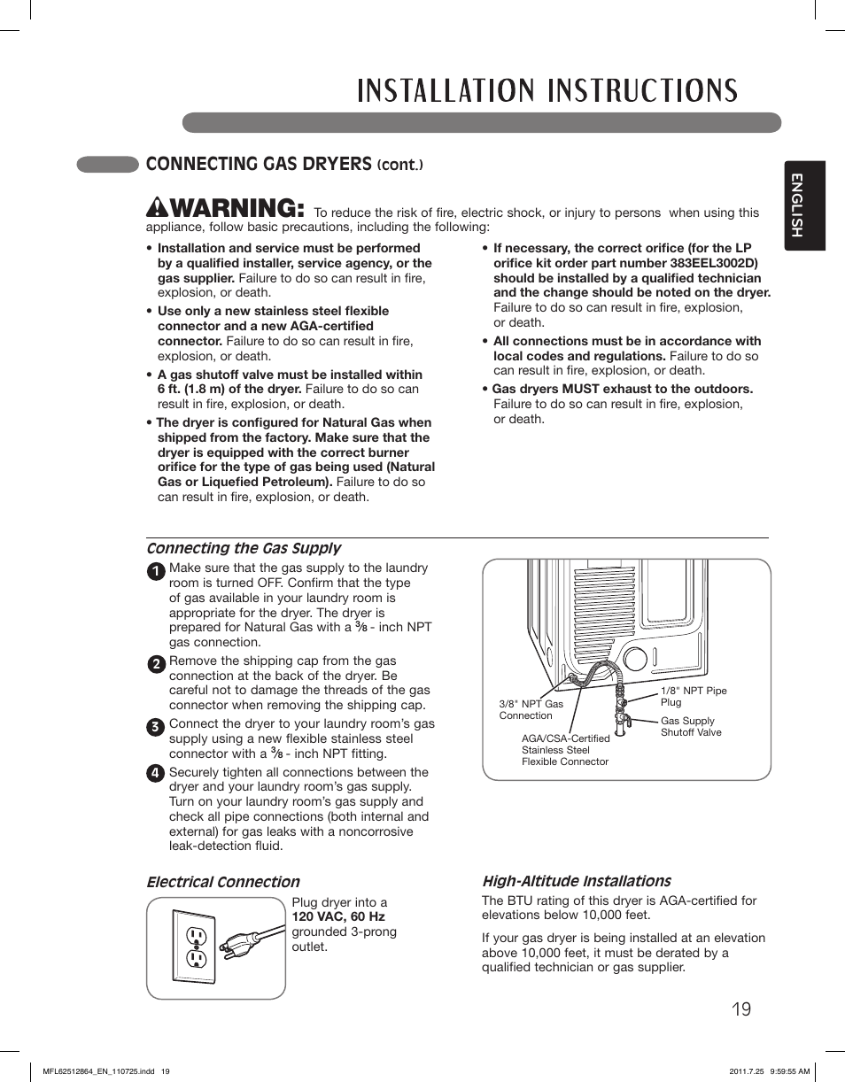 Wwarning, Connecting gas dryers | LG DLG2351W User Manual | Page 19 / 92