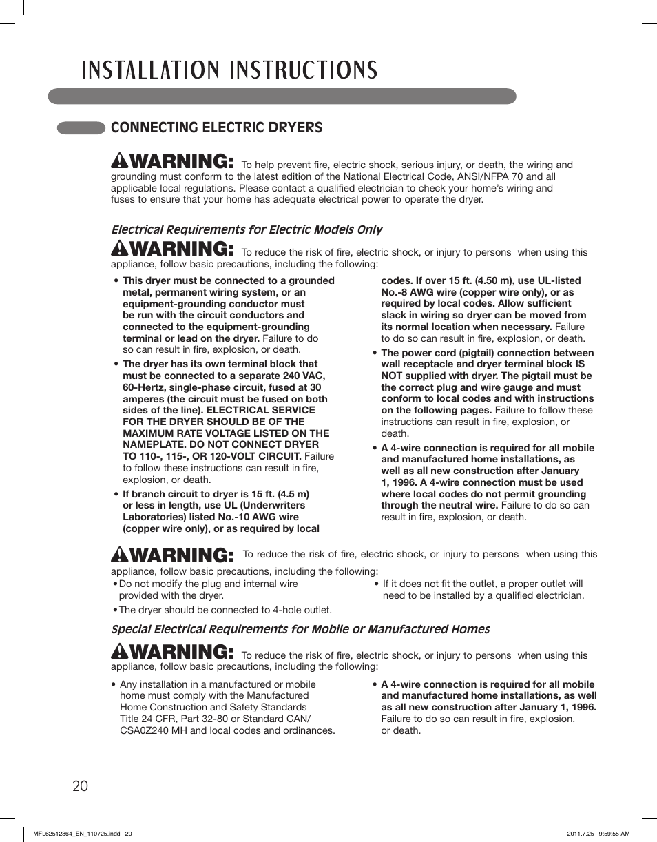 Wwarning, Connecting electric dryers | LG DLG2351W User Manual | Page 20 / 92