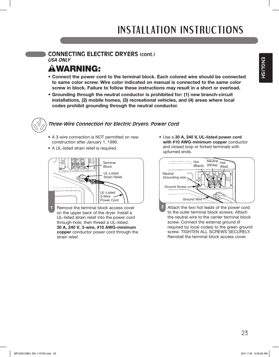 Wwarning, Connecting electric dryers | LG DLG2351W User Manual | Page 23 / 92
