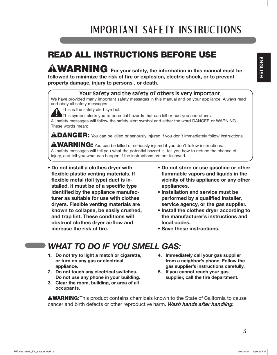 What to do if you smell gas, Read all instructions before use, Wdanger | Wwarning | LG DLG2351W User Manual | Page 3 / 92