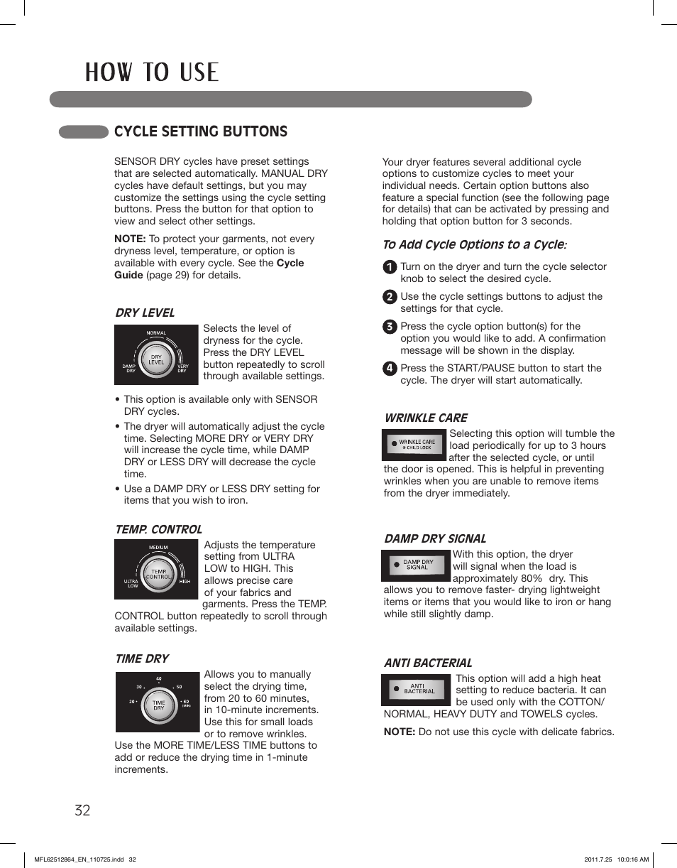 Cycle setting buttons | LG DLG2351W User Manual | Page 32 / 92