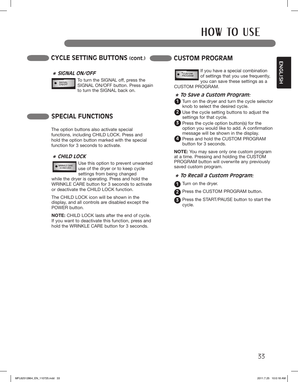 Special functions, Cycle setting buttons, Custom program | LG DLG2351W User Manual | Page 33 / 92