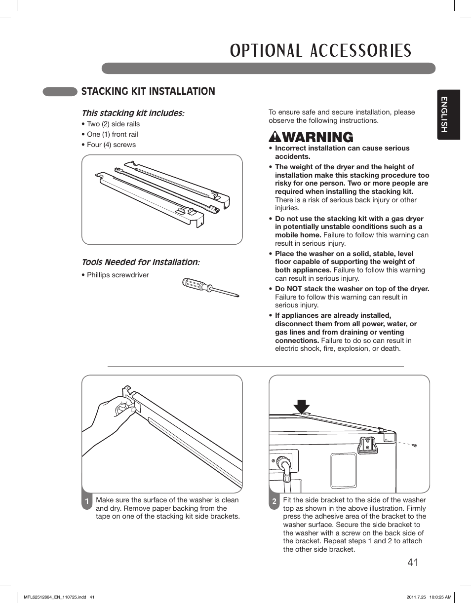 Wwarning, Stacking kit installation | LG DLG2351W User Manual | Page 41 / 92