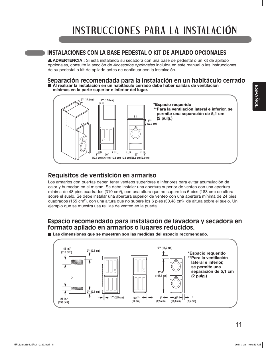 Requisitos de ventislción en armariso, Esp anol | LG DLG2351W User Manual | Page 57 / 92