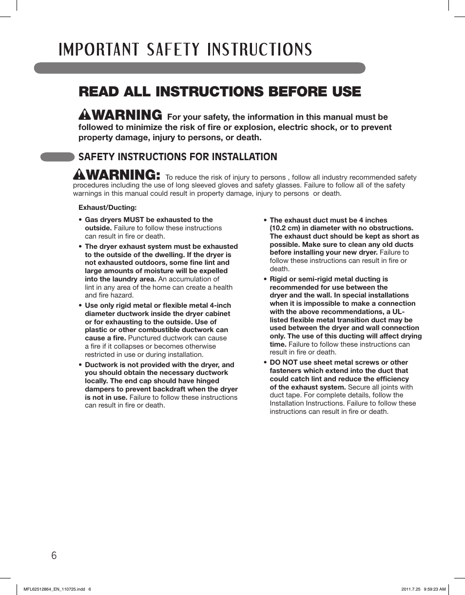 Read all instructions before use, Wwarning, Safety instructions for installation | LG DLG2351W User Manual | Page 6 / 92