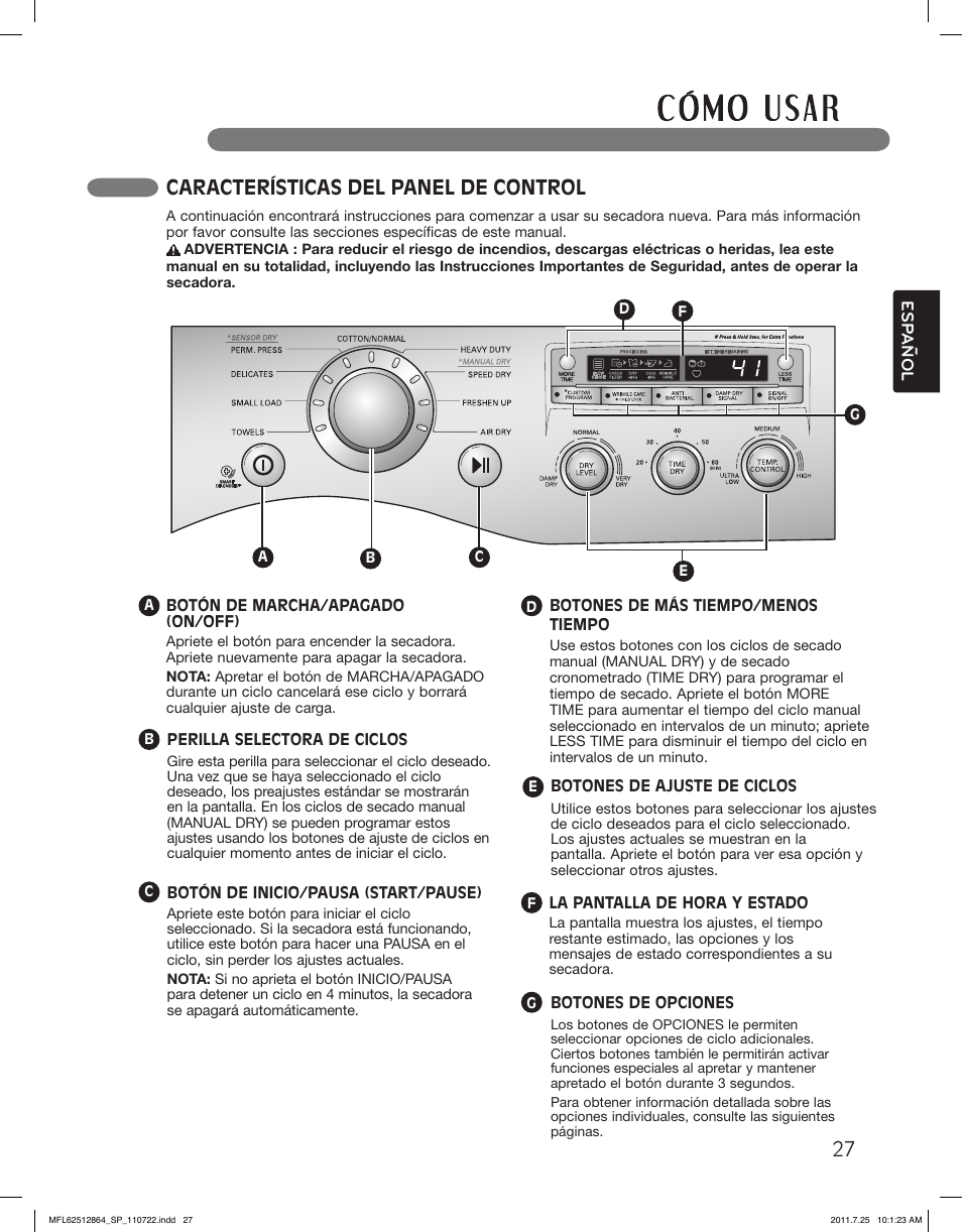 Características del panel de control | LG DLG2351W User Manual | Page 73 / 92