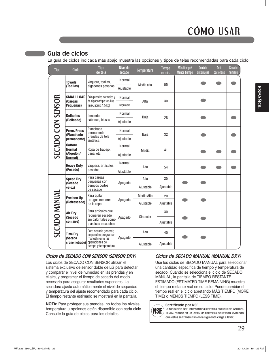Guía de ciclos, Esp anol | LG DLG2351W User Manual | Page 75 / 92