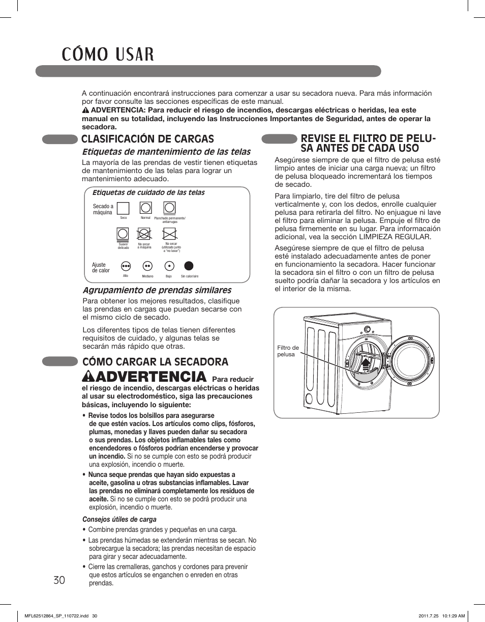 Wadvertencia, Clasificación de cargas, Cómo cargar la secadora | Revise el filtro de pelu- sa antes de cada uso | LG DLG2351W User Manual | Page 76 / 92