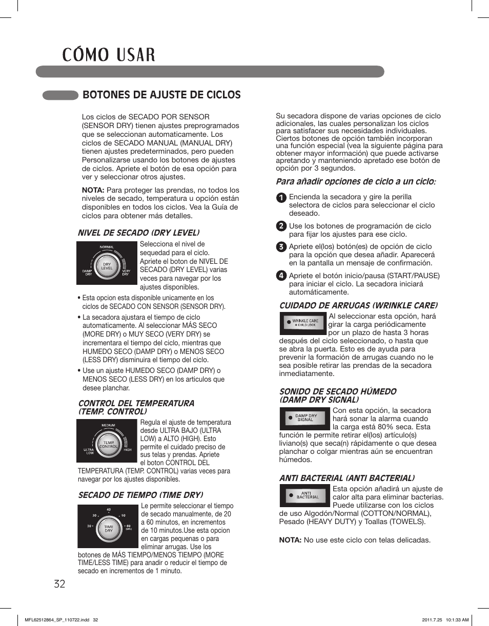 Botones de ajuste de ciclos | LG DLG2351W User Manual | Page 78 / 92