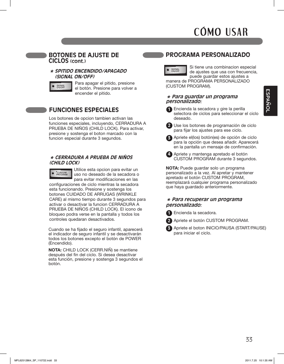 Funciones especiales, Botones de ajuste de ciclos, Programa personalizado | LG DLG2351W User Manual | Page 79 / 92