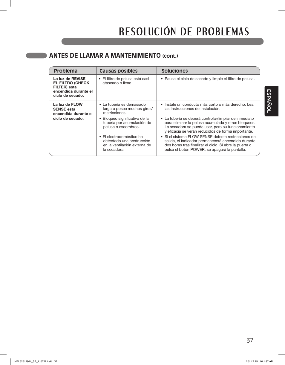 Antes de llamar a mantenimiento, Esp anol | LG DLG2351W User Manual | Page 83 / 92