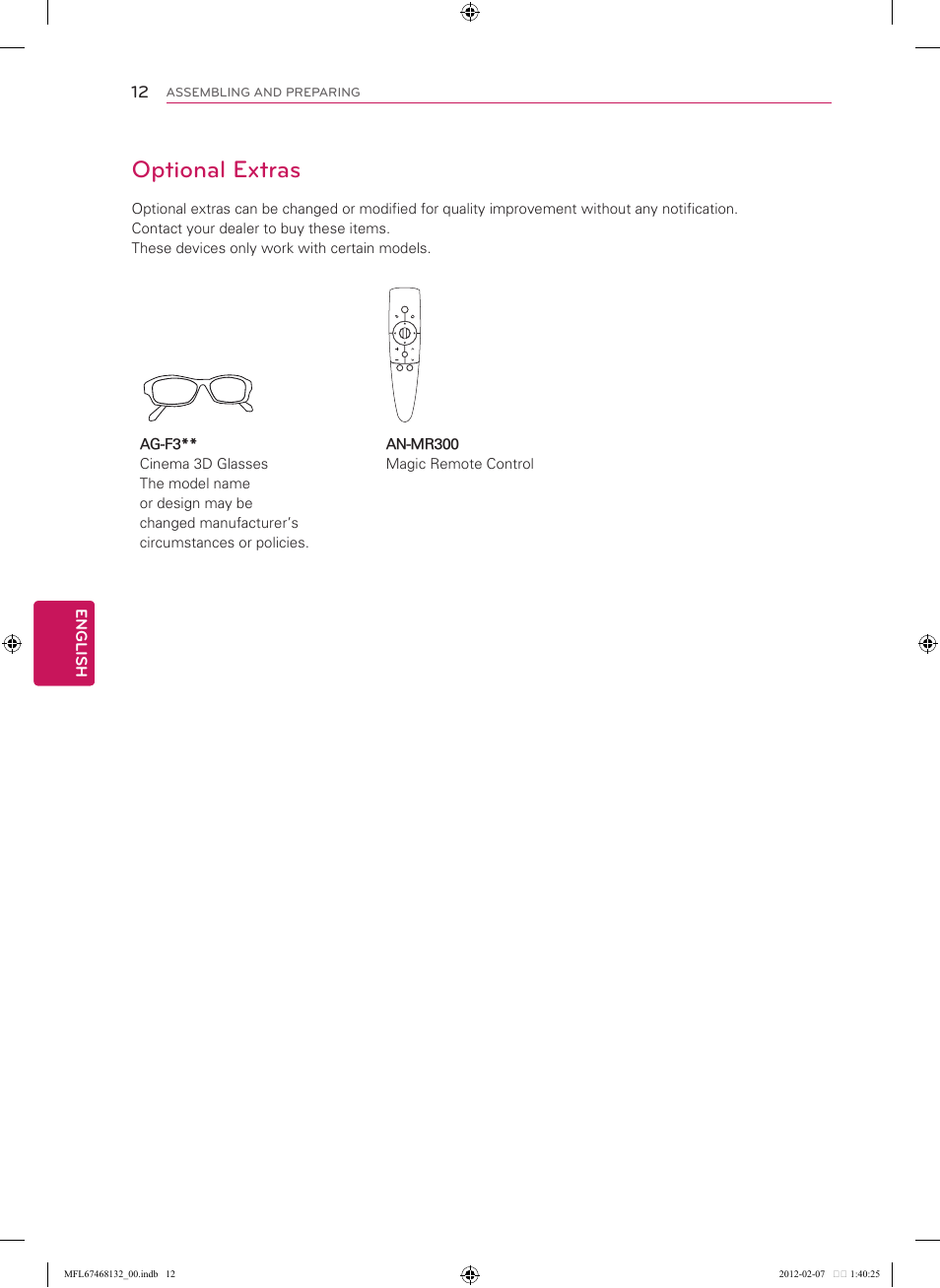 Optional extras | LG 47LM6200 User Manual | Page 12 / 44