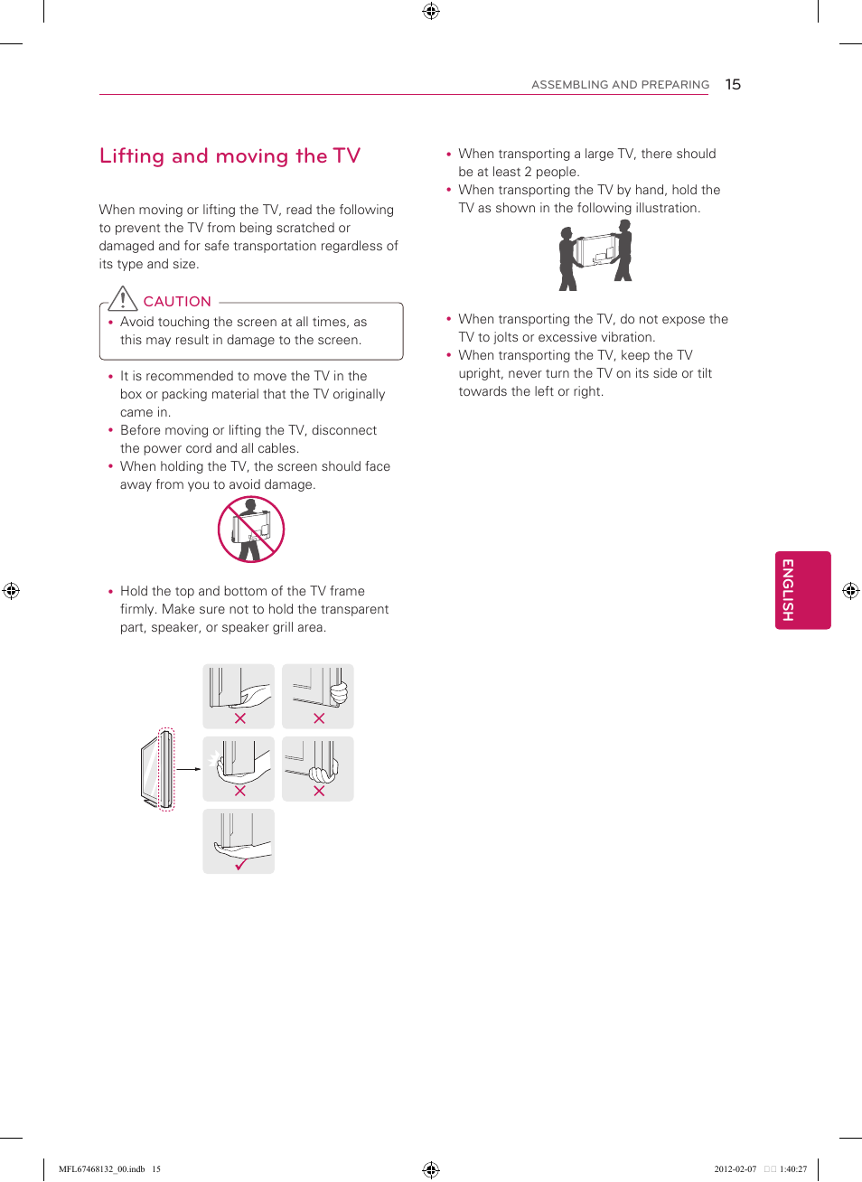 Lifting and moving the tv | LG 47LM6200 User Manual | Page 15 / 44