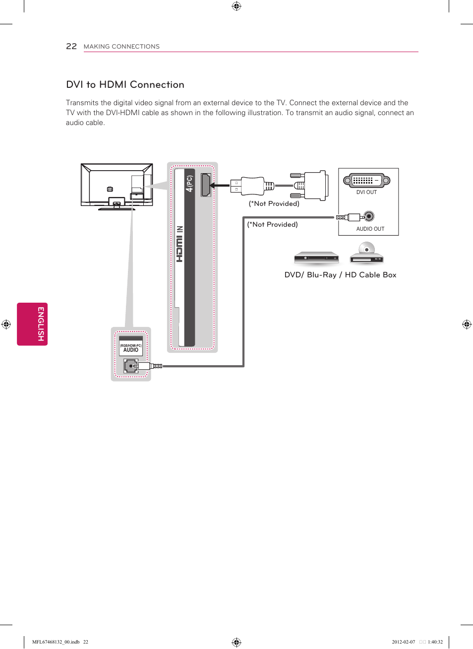 Dvi to hdmi connection | LG 47LM6200 User Manual | Page 22 / 44