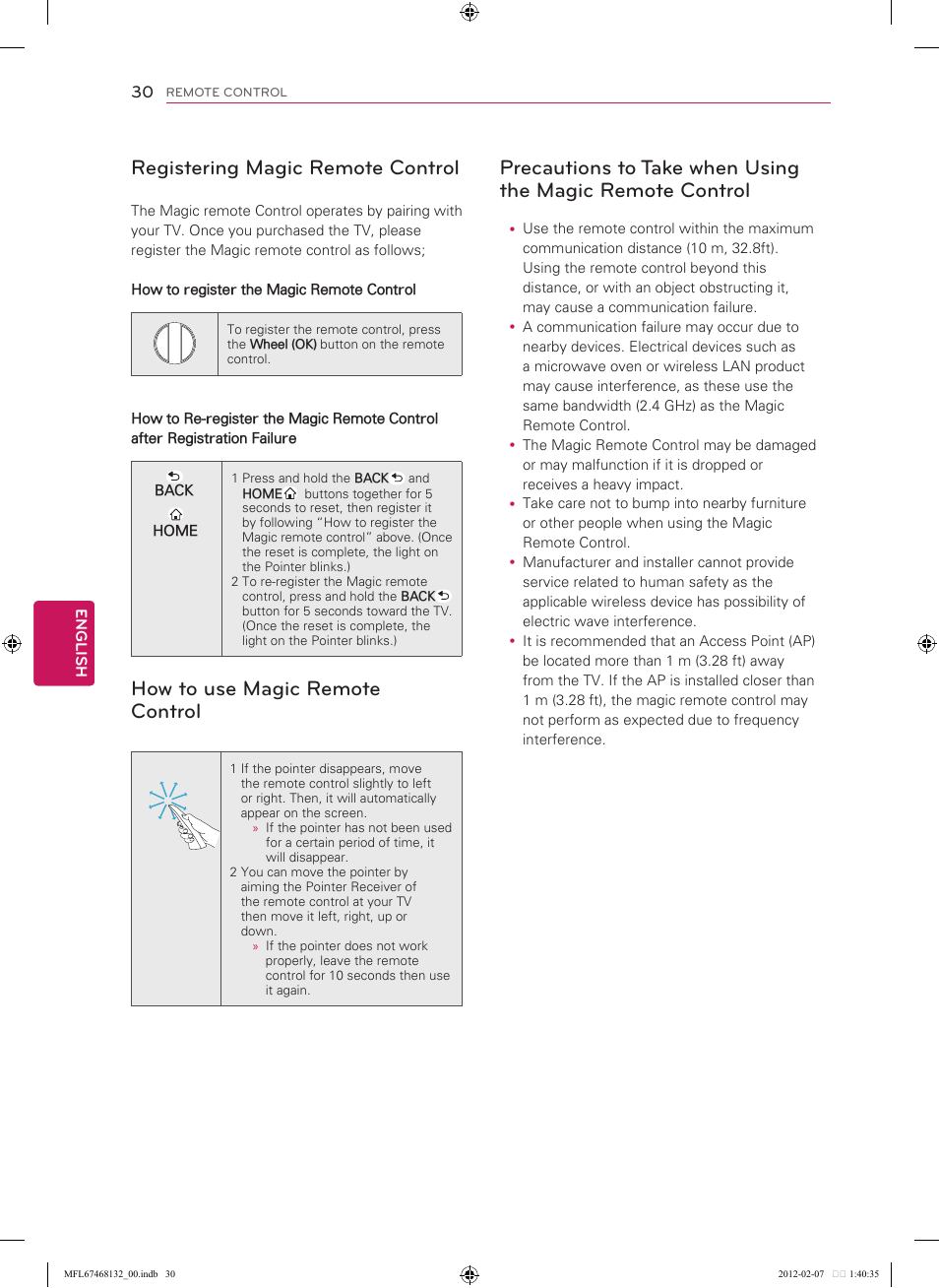 Registering magic remote control, How to use magic remote control, Precautions to take when using the | Magic remote control, English | LG 47LM6200 User Manual | Page 30 / 44