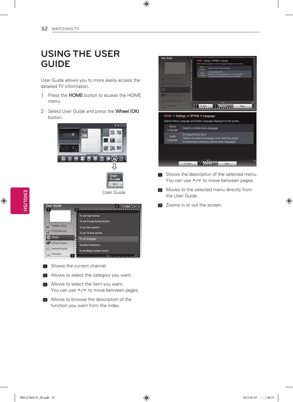 32 using the user guide, Using the user guide, English | Press the home button to access the home menu, Select user guide and press the wheel (ok) button, User guide, Shows the current channel, Allows to select the category you want, Zooms in or out the screen | LG 47LM6200 User Manual | Page 32 / 44