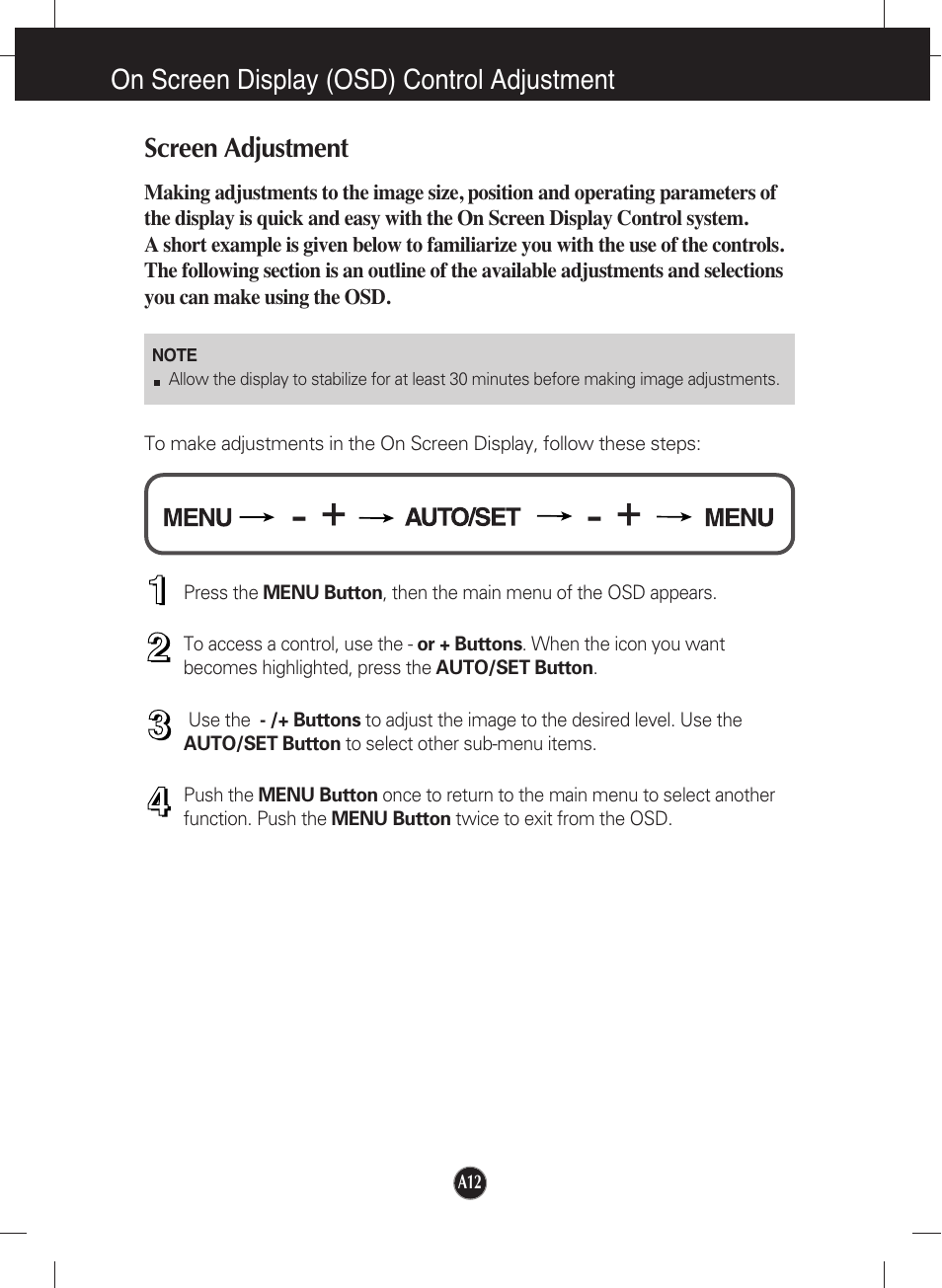 On screen display (osd) control adjustment, Screen adjustment | LG L226WTQ-WF User Manual | Page 13 / 26