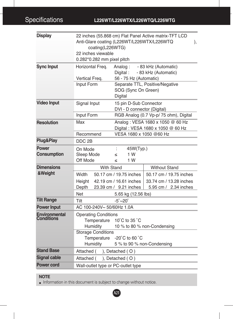Specifications, L226wt/l226wtx/l226wtq/l226wtg/l226wty | LG L226WTQ-WF User Manual | Page 22 / 26