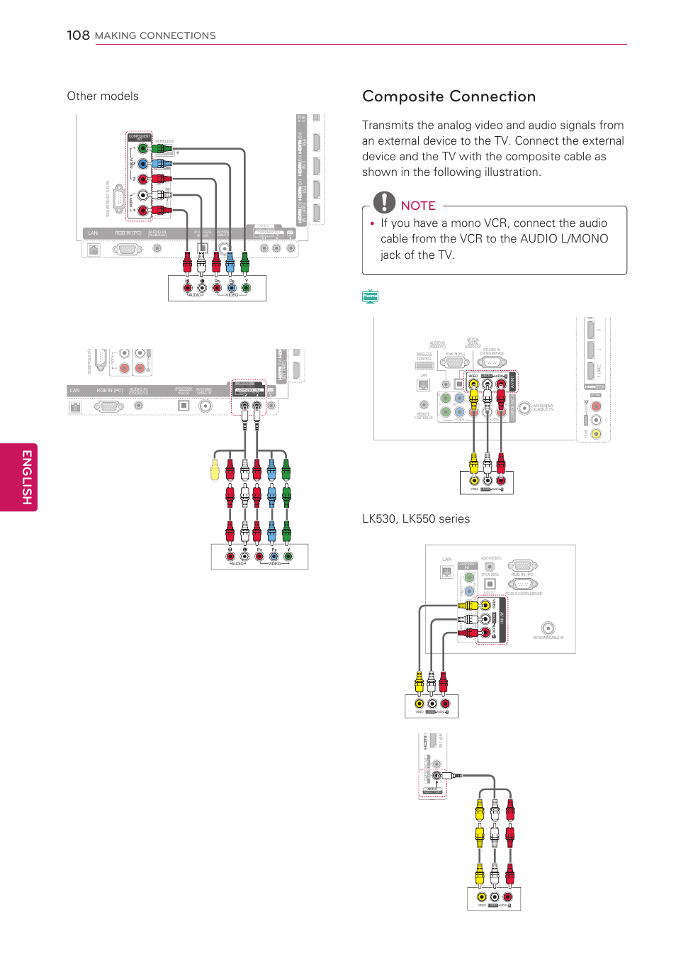 Composite connection, 108 - composite connection, E – see p.108 | English, Making connections | LG 47LV3700 User Manual | Page 108 / 172