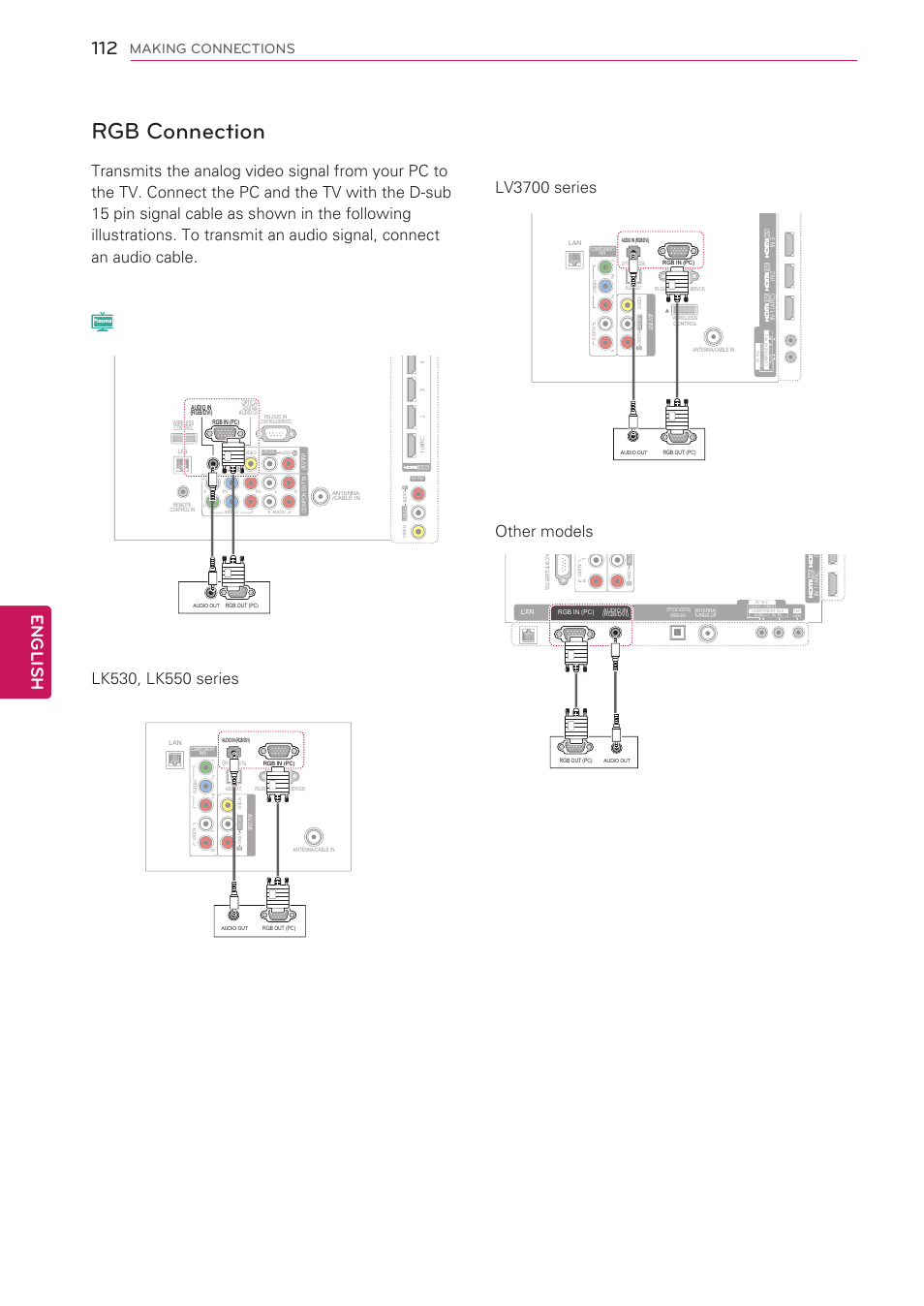 Rgb connection, 112 - rgb connection, Gb – see p.112 | English, Making connections | LG 47LV3700 User Manual | Page 112 / 172