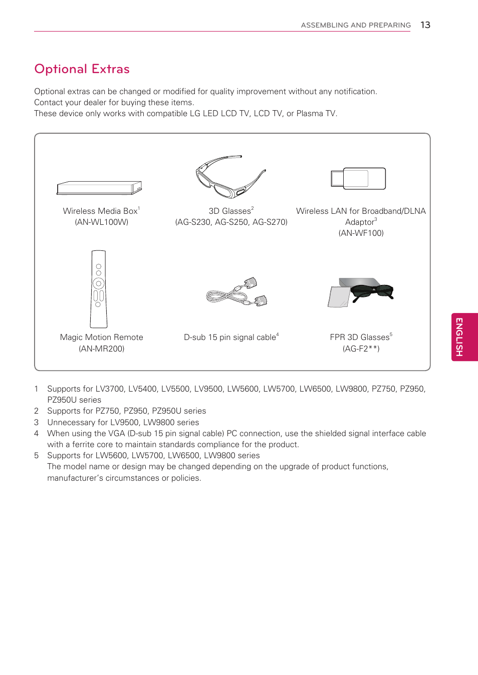 Optional extras | LG 47LV3700 User Manual | Page 13 / 172