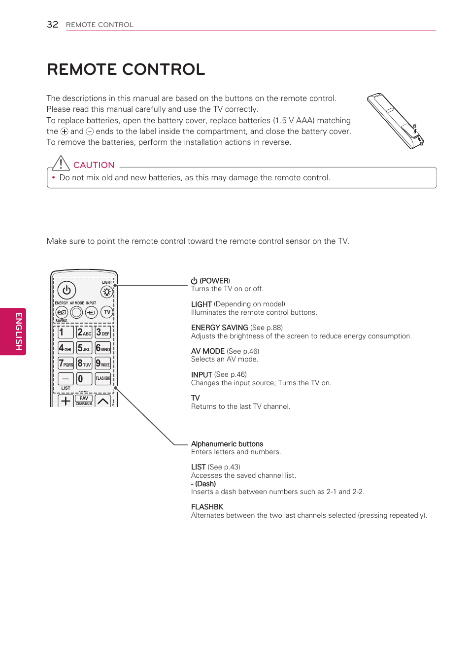 Remote control, 32 remote control, Caution | English | LG 47LV3700 User Manual | Page 32 / 172