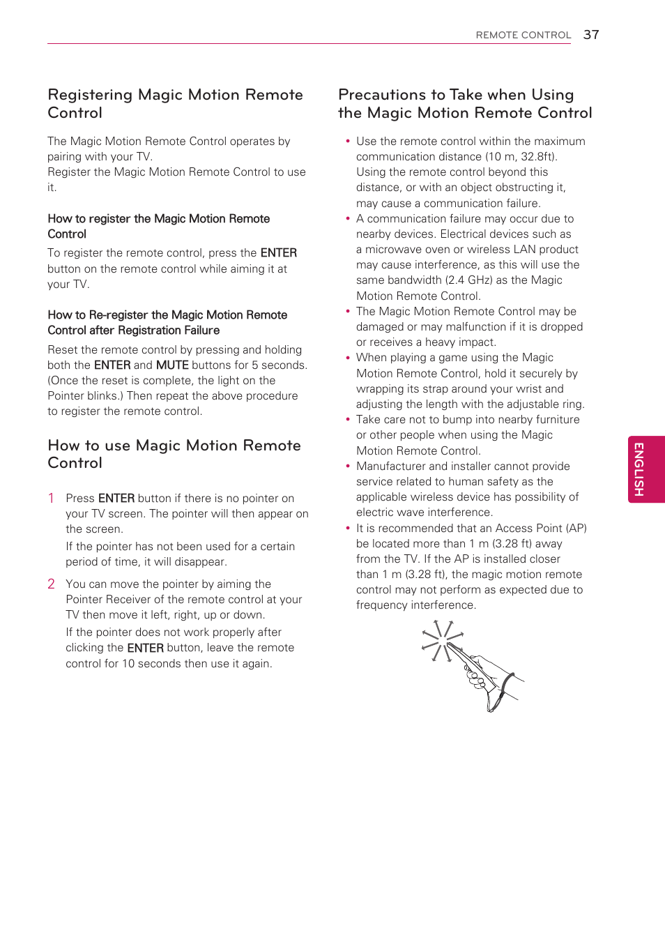 Registering magic motion remote control, How to use magic motion remote control, Registering magic motion remote | Control, How to use magic motion remote, Precautions to take when using the, Magic motion remote control | LG 47LV3700 User Manual | Page 37 / 172