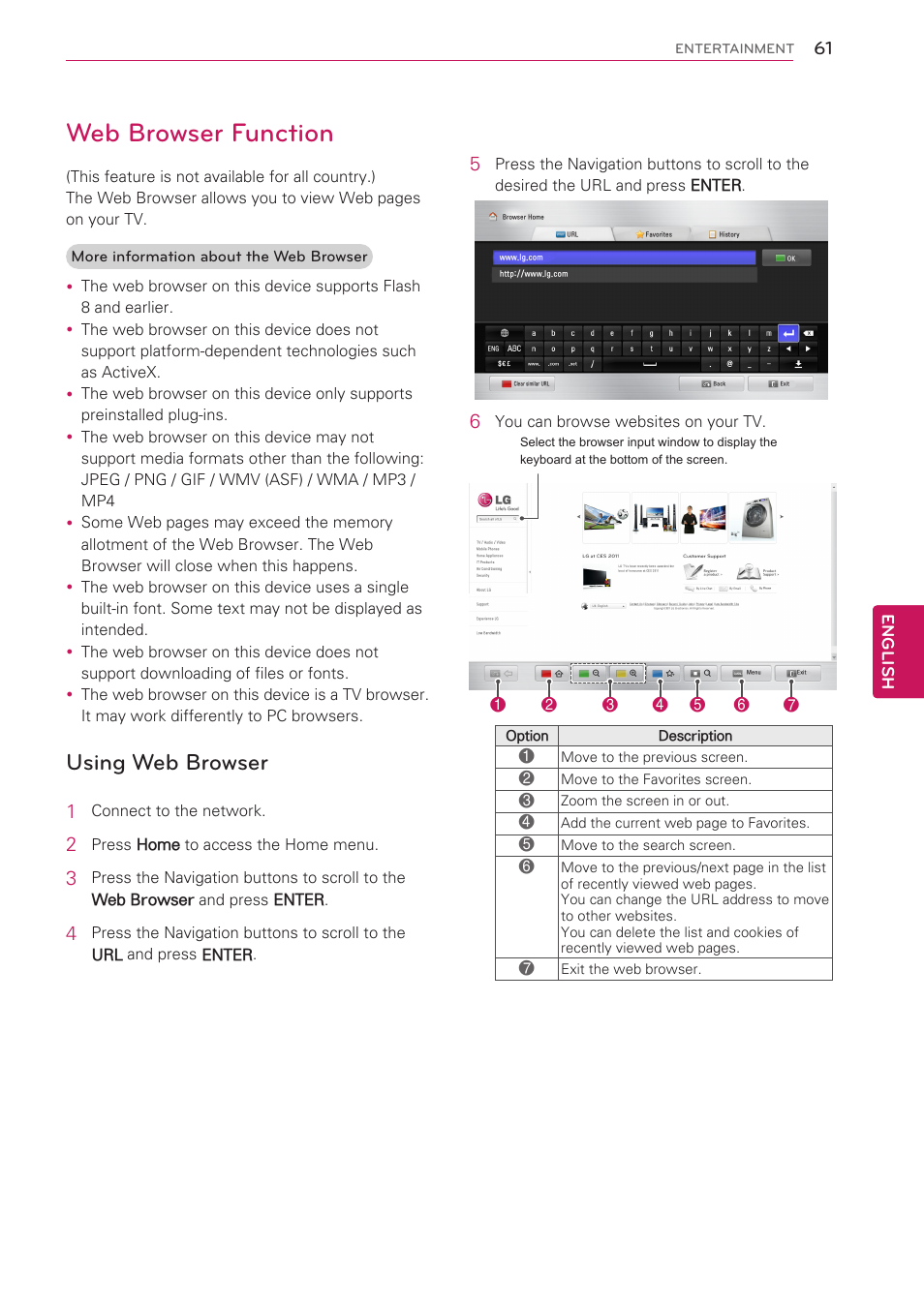 Web browser function, Using web browser | LG 47LV3700 User Manual | Page 61 / 172
