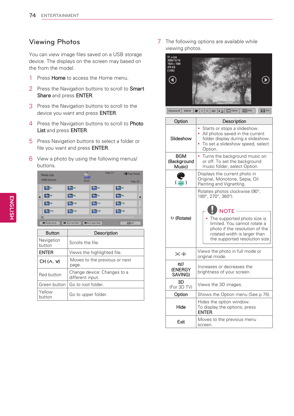 Viewing photos, English, Press home to access the home menu | View a photo by using the following menus/ buttons | LG 47LV3700 User Manual | Page 74 / 172