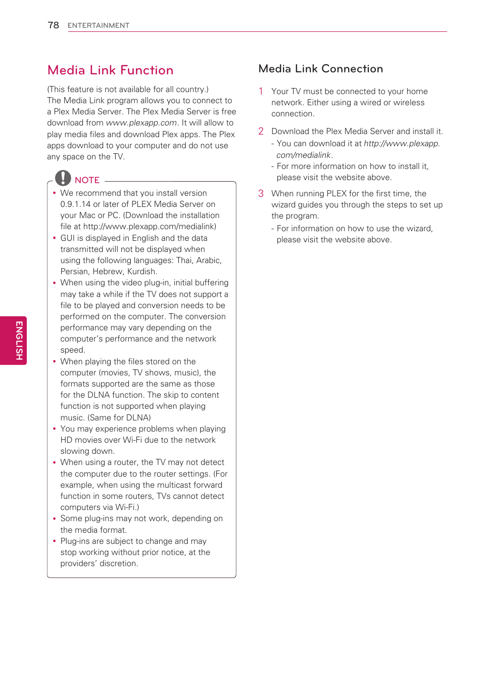 Media link function, Media link connection | LG 47LV3700 User Manual | Page 78 / 172